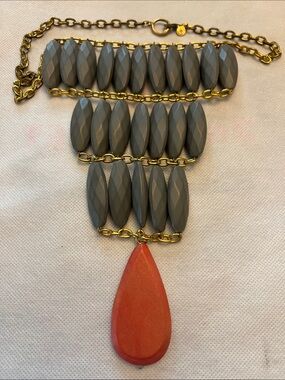 David Aubrey Gold-Tone Necklace with Gray Beads and Coral Teardrop Pendant